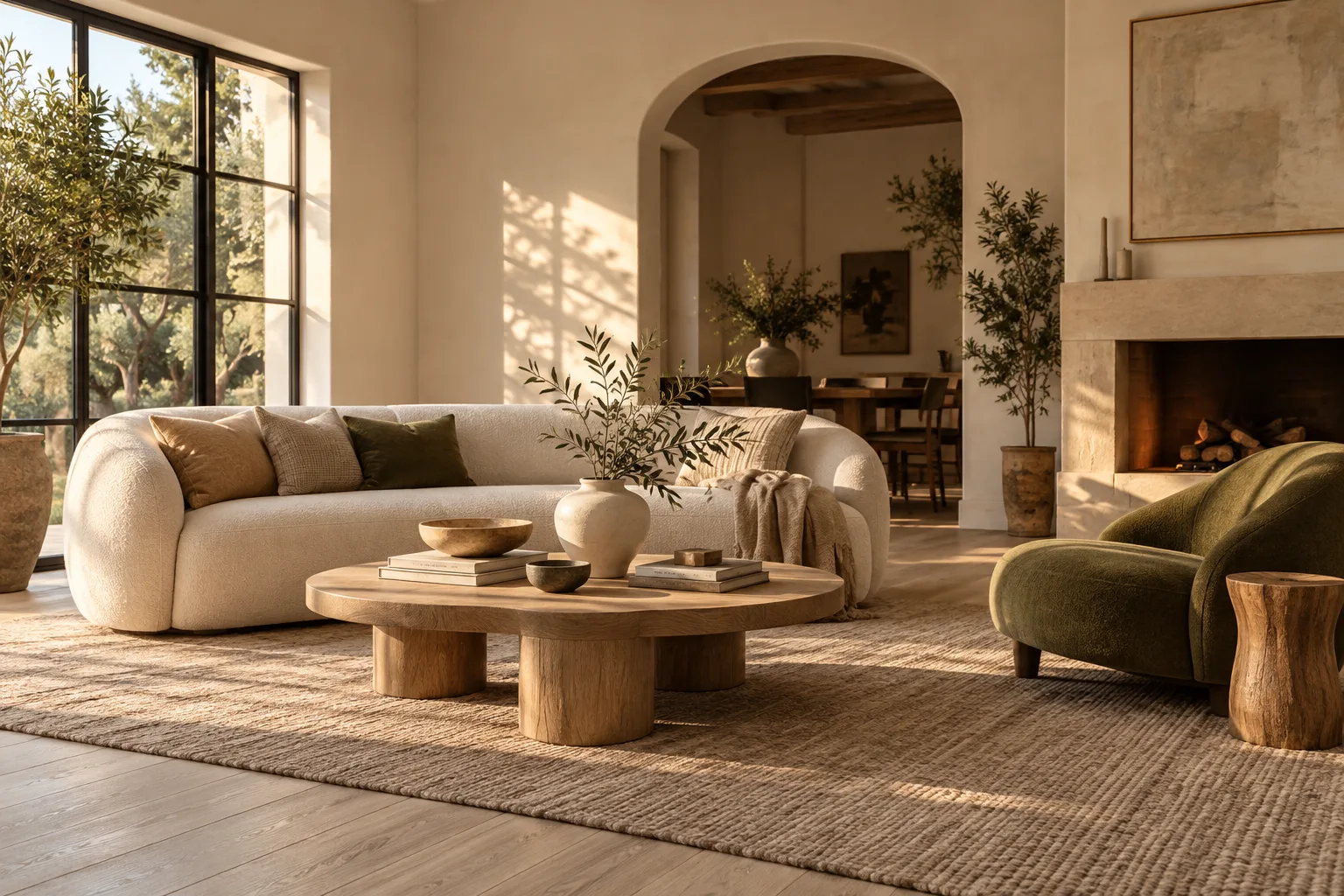 A thoughtfully styled living space with warm natural light, sculptural décor, and a table arranged with considered details.